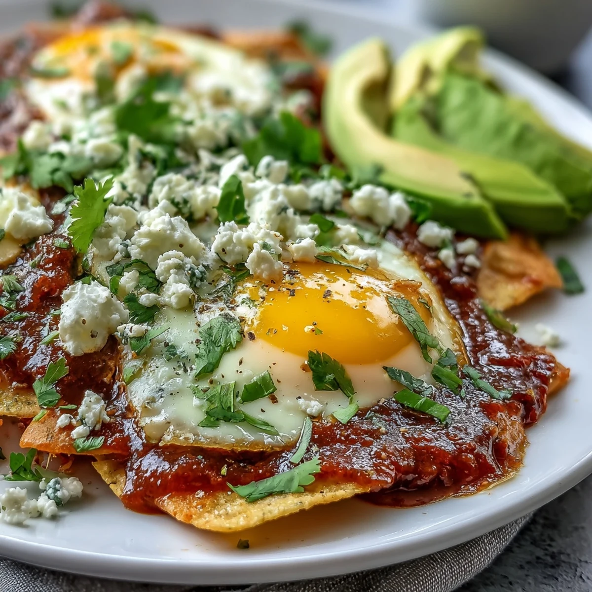 Crispy tortilla chips coated in red salsa verde, topped with fried egg and fresh garnishes for a traditional Mexican breakfast.