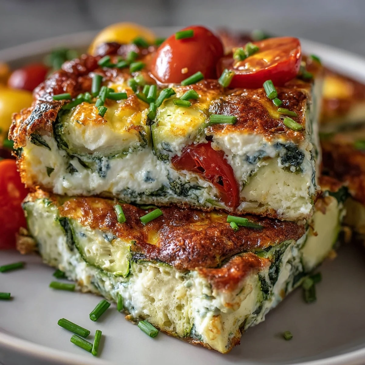 Sliced High-Protein Sheet Pan Eggs With Cottage Cheese and Veggies topped with chives, perfect for weekly meal prep alongside whole-grain toast.