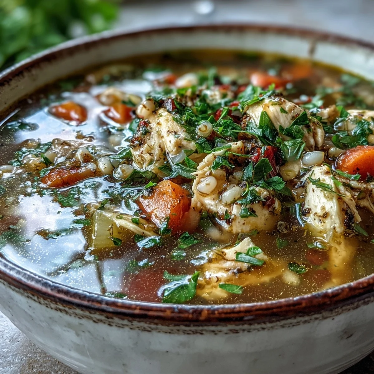 A warm bowl of Soothing Turmeric Chicken With Pearl Barley, featuring tender chicken, golden broth, and fresh parsley garnish.