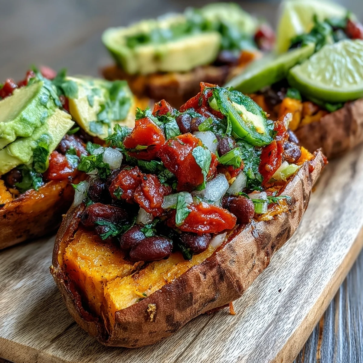Roasted sweet potatoes with chipotle black beans and zesty tomato salsa, split open and topped with creamy avocado slices.