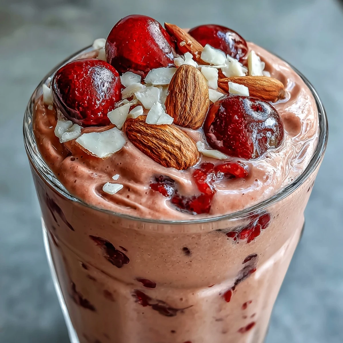 A tall glass of vibrant Cherry Almond Smoothie garnished with sliced almonds and fresh cherries, ideal for a quick breakfast.