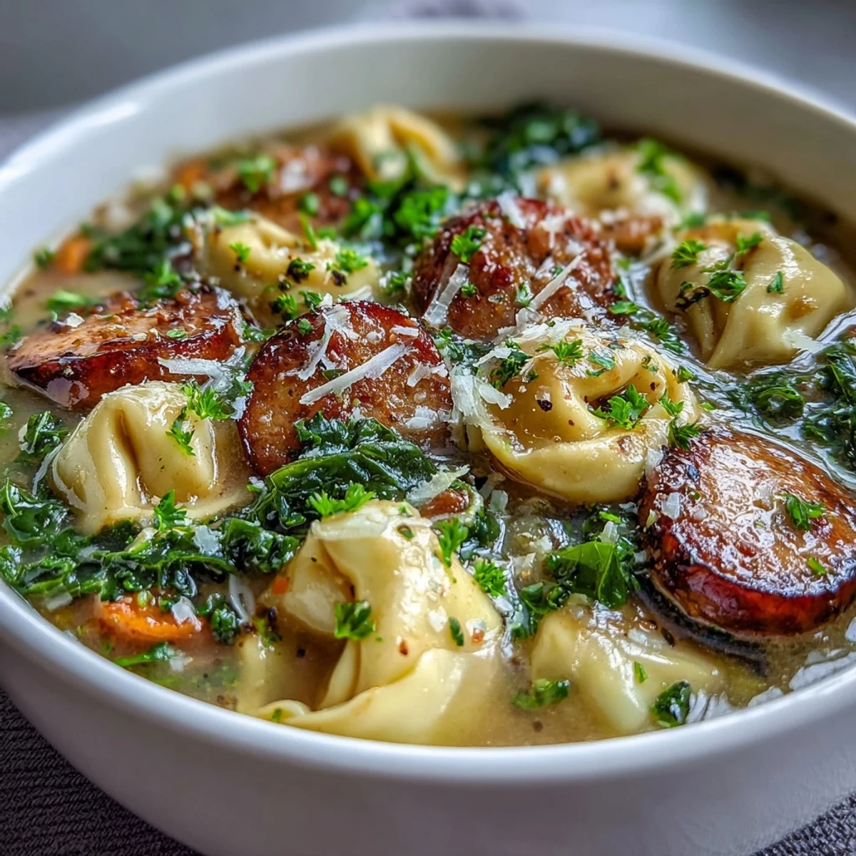 Hearty Pumpkin Tortellini Soup with wilted kale and cheesy tortellini, served beside rustic bread for dipping.
