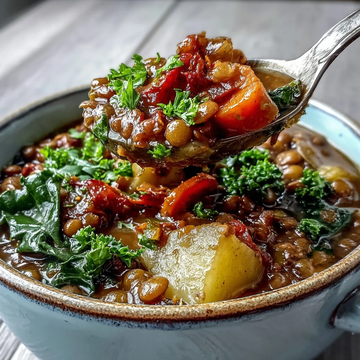 Rustic Dutch oven filled with steaming Vegetarian Lentil Stew, served with crusty bread on a wooden table.