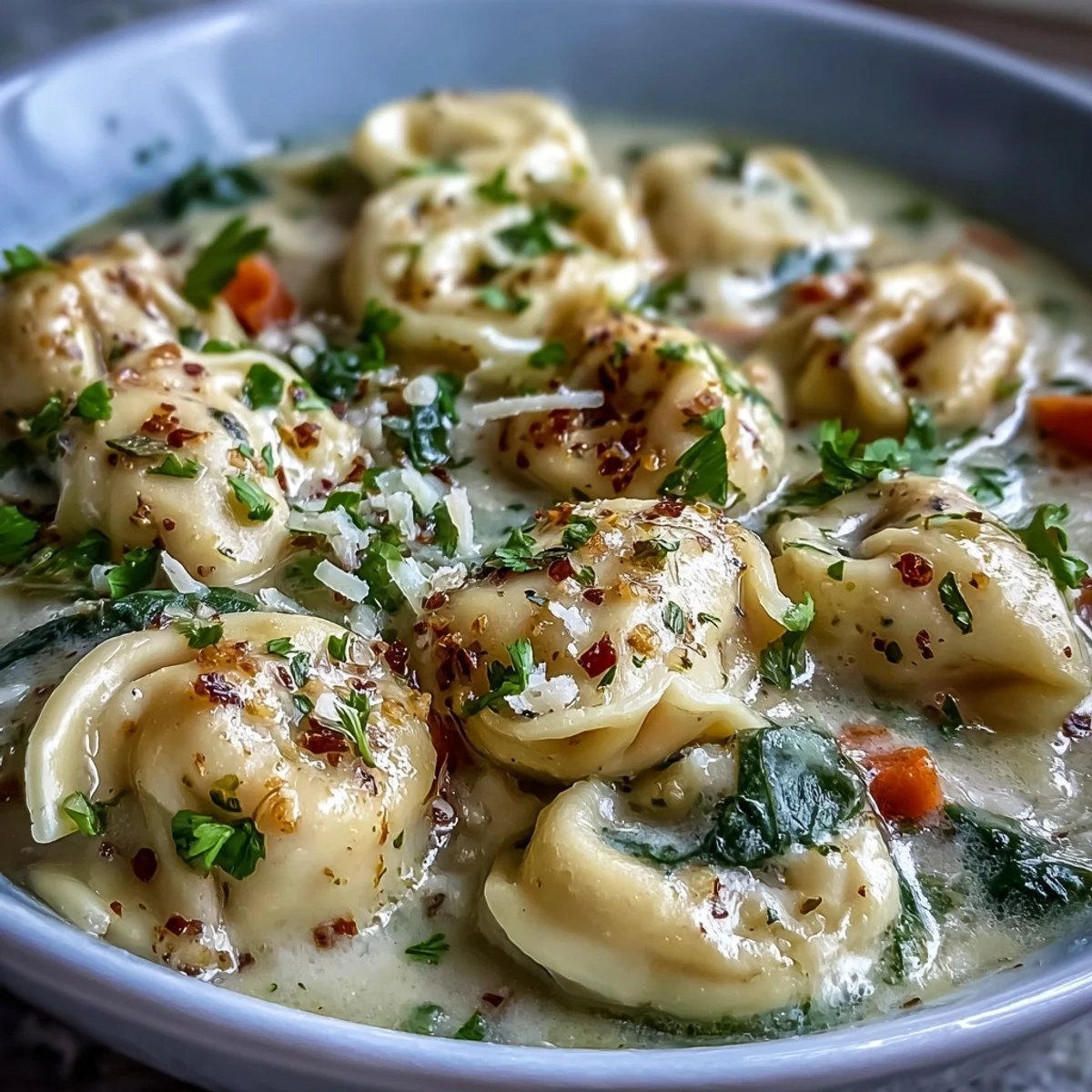 Bowls of Easy Tortellini Soup featuring tender cheese tortellini, carrots, and wilted spinach in creamy broth.
