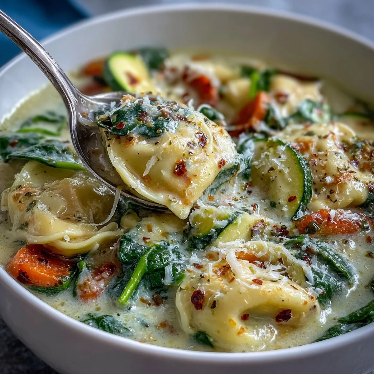 Overhead view of Creamy Vegetable Tortellini Soup in a rustic bowl, featuring colorful veggies and cheesy tortellini.