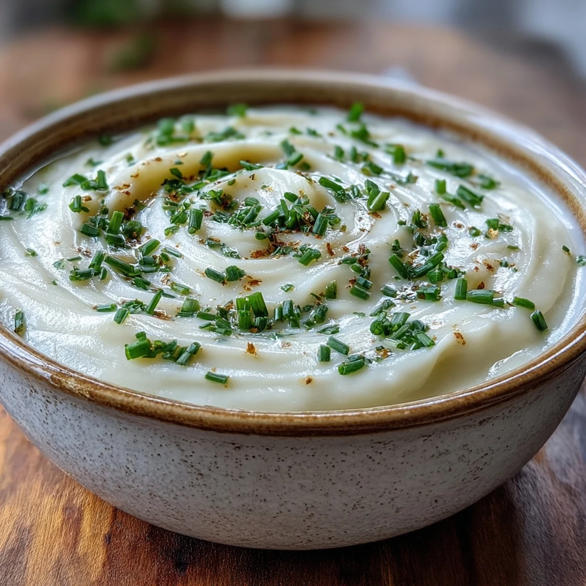 French-inspired Creamy Celery Root Bisque served warm, topped with parsley in a rustic ceramic bowl.
