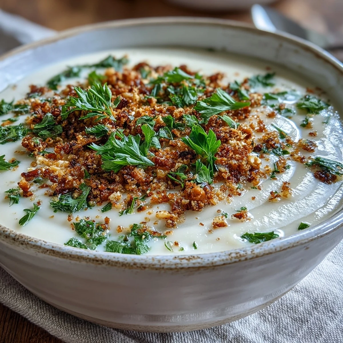Creamy Celeriac Soup With Hazelnut Crumble served in a rustic bowl, perfect with a slice of crusty bread.
