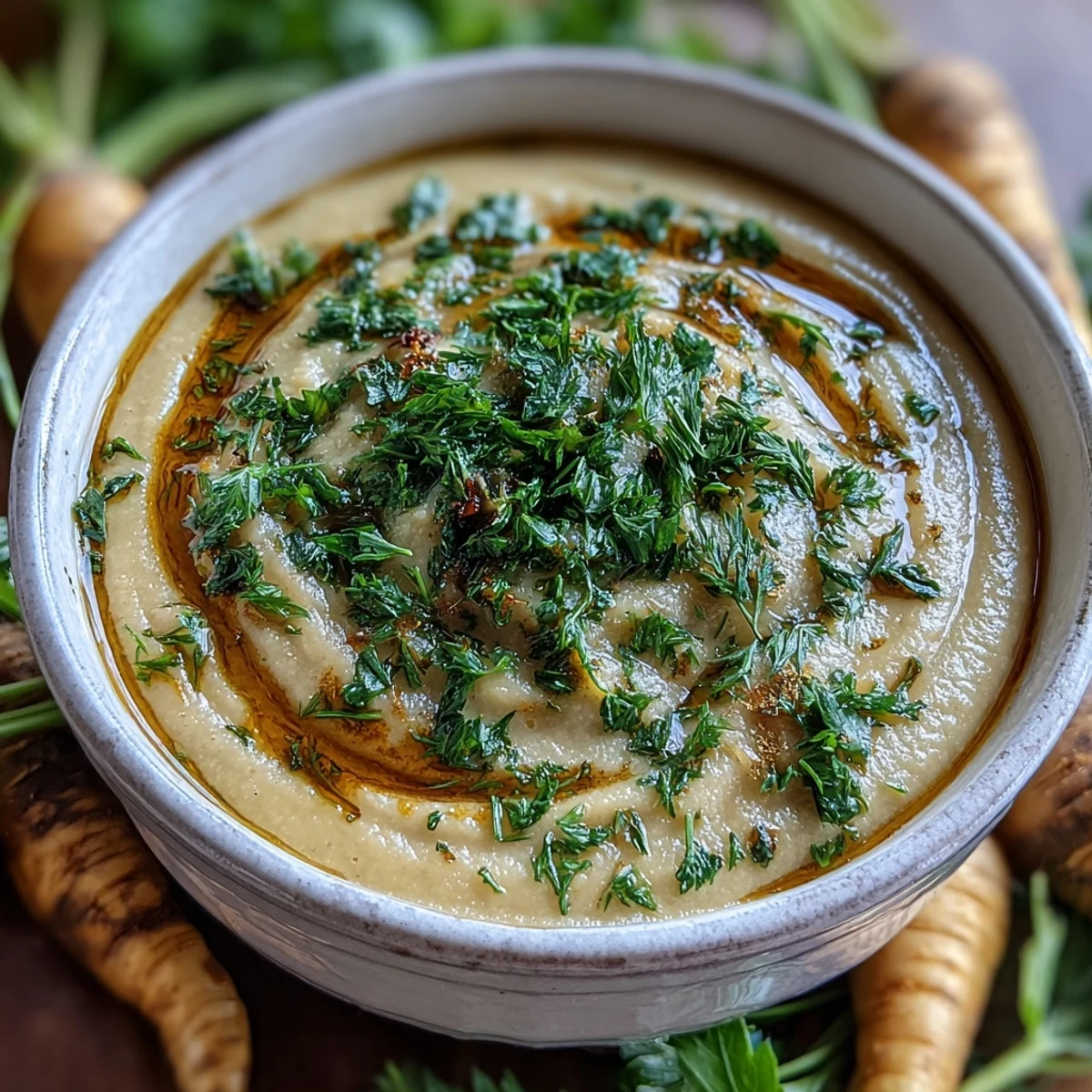 Parsnip and Herb Soup served warm with crusty bread for dipping on a cozy wooden table.