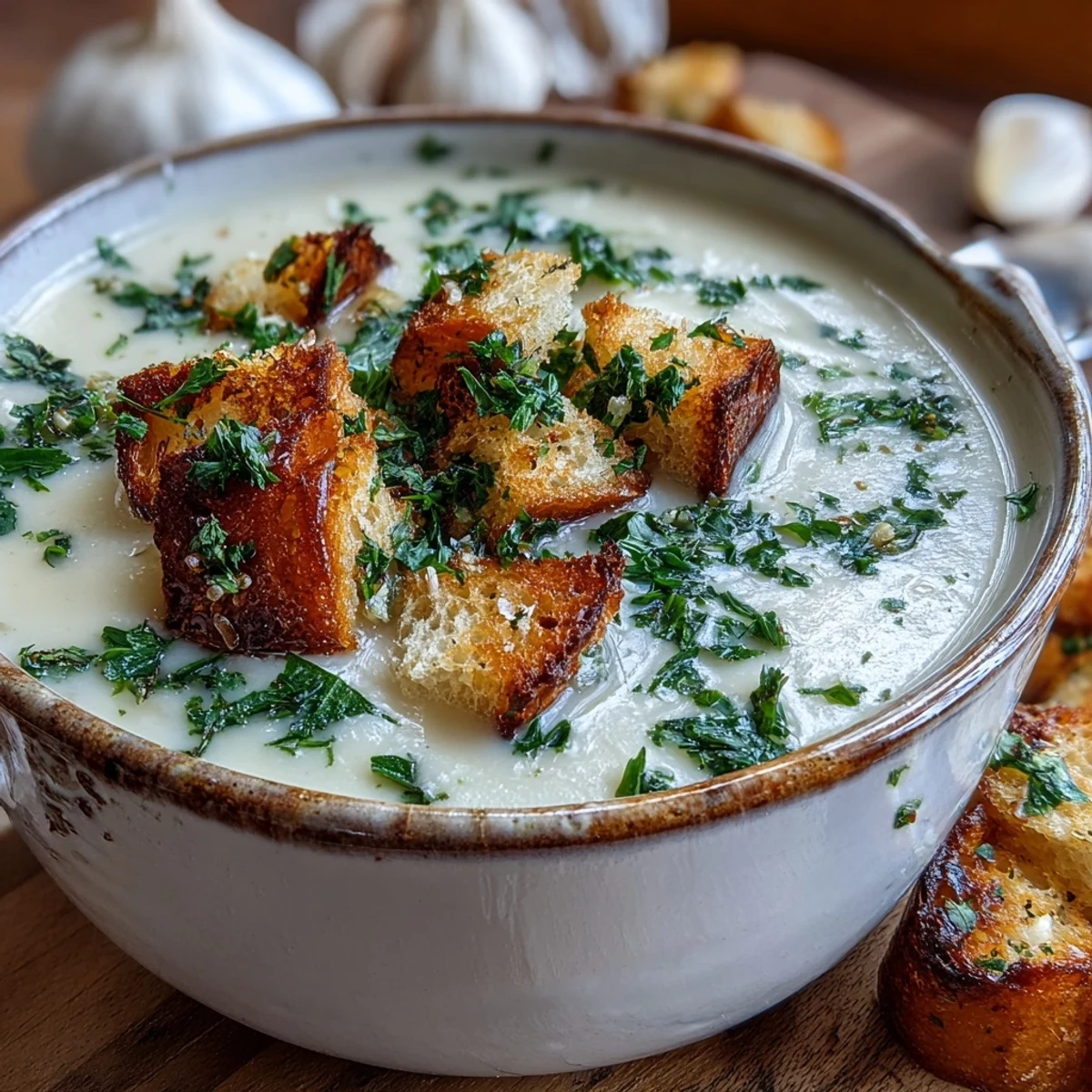 Homemade Roasted Garlic Soup garnished with parsley and a swirl of olive oil, served hot.