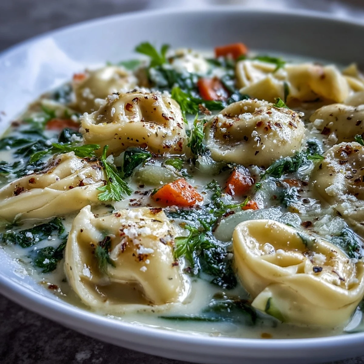 Creamy Easy Tortellini Soup with chicken broth and vegetables, served steaming in a rustic bowl.