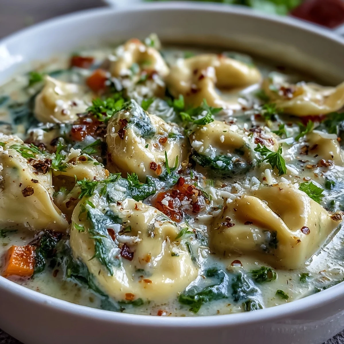 A comforting Easy Tortellini Soup with golden Parmesan and parsley garnish beside crusty artisan bread.