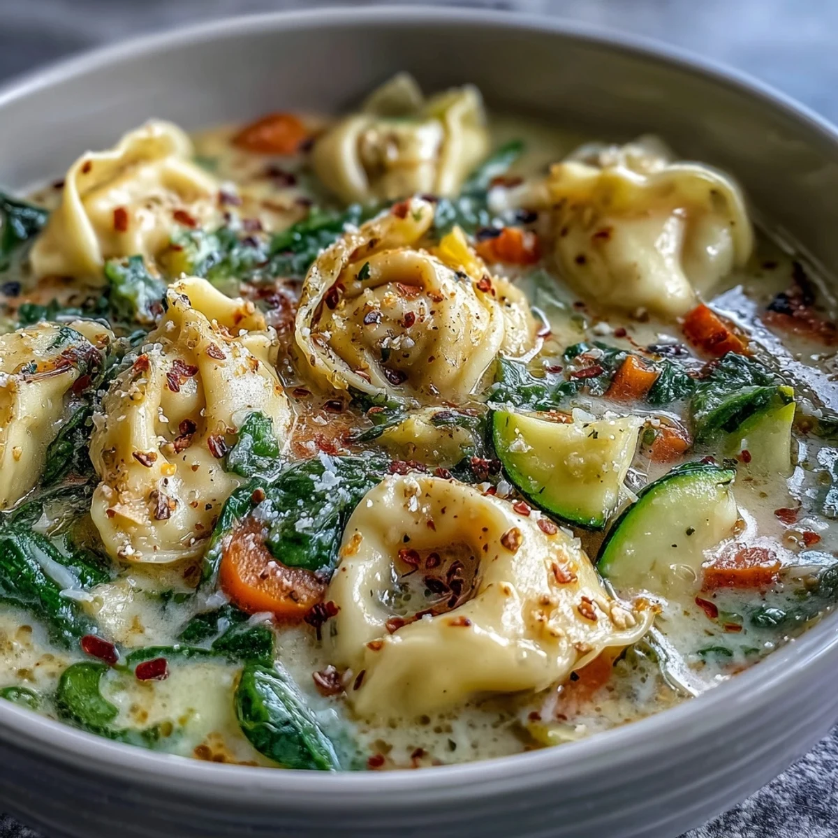 A spoon dipping into a rich bowl of Creamy Vegetable Tortellini Soup with crusty bread on the side.