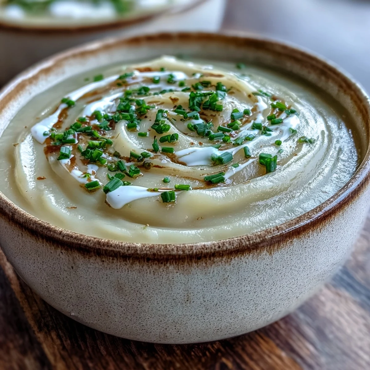 Creamy Celery Root Bisque in a white bowl, garnished with fresh chives and a swirl of rich cream. 
