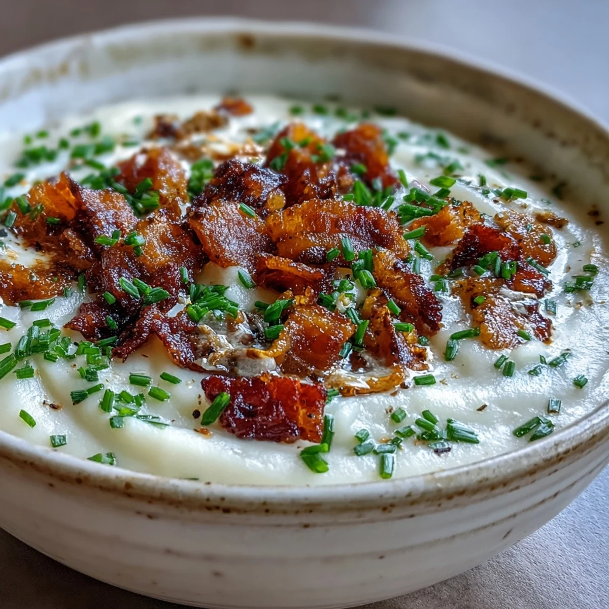 Creamy Celeriac Soup with Crispy Bacon served steaming hot in a rustic bowl with a golden swirl of cream.