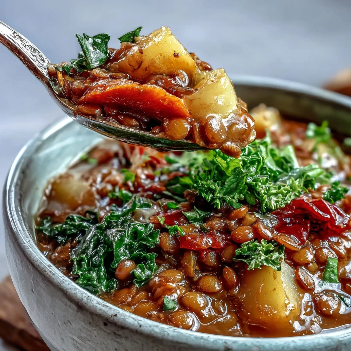 Warm, bubbling Vegetarian Lentil Stew in a rustic bowl, topped with fresh parsley and a lemon wedge.