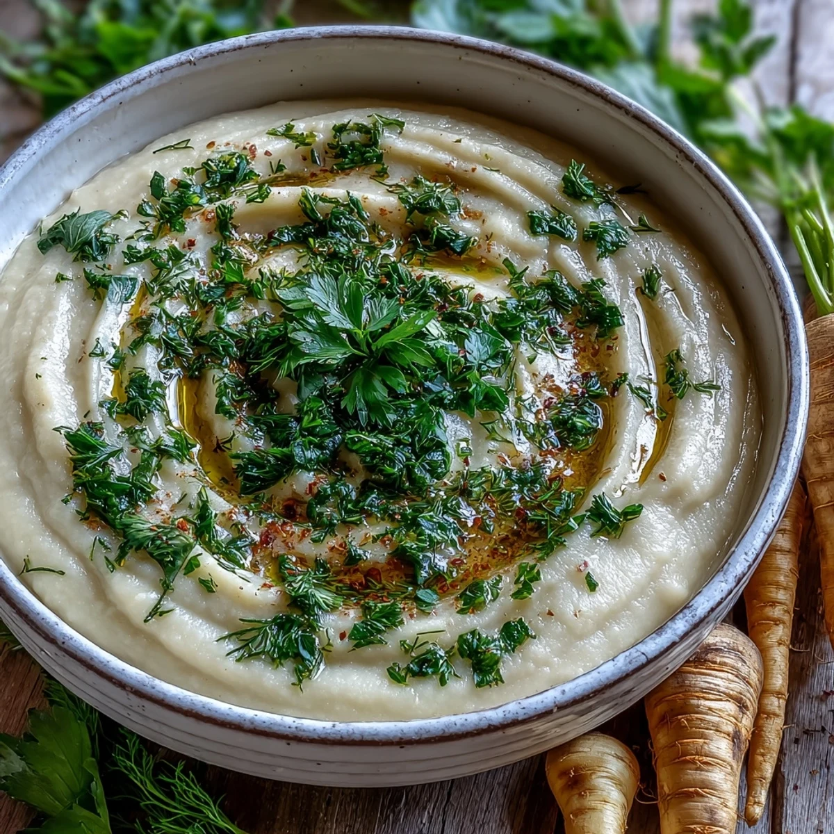 Creamy roasted Parsnip and Herb Soup garnished with fresh chives and parsley in a rustic bowl.