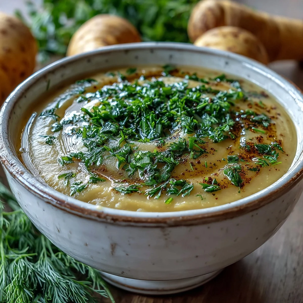 Golden roasted parsnips blended into Parsnip and Herb Soup with a swirl of cream and herbs.