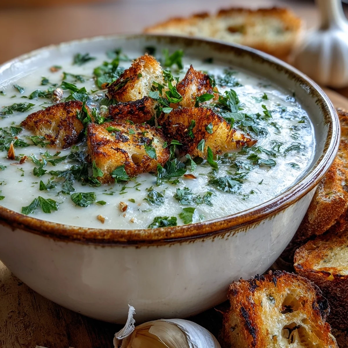 Golden roasted garlic cloves simmering in a creamy, velvety soup topped with fresh parsley and croutons.