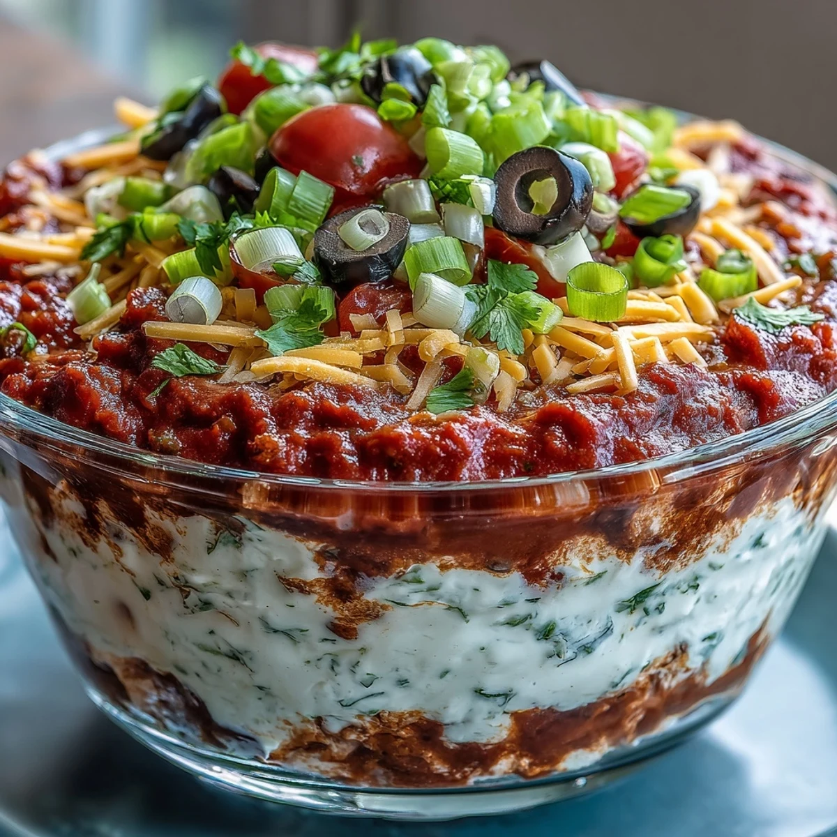 Four-Way Layered Dip in a glass bowl, showing refried beans, sour cream, salsa, and cheddar cheese layers topped with black olives and green onions. 