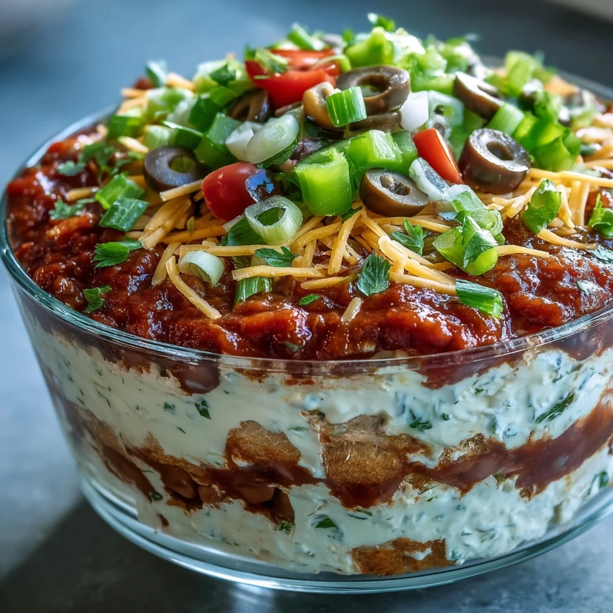Four-Way Layered Dip served in a clear dish with a bowl of tortilla chips and fresh lime wedges on the side.