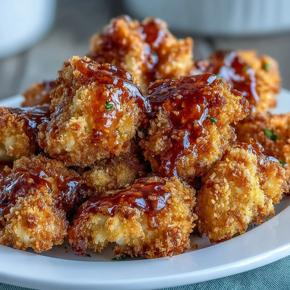 Golden baked Crunchy Baked Hot Honey Cauliflower florets coated in crispy panko breadcrumbs, glistening with a spicy red glaze served on a plate.