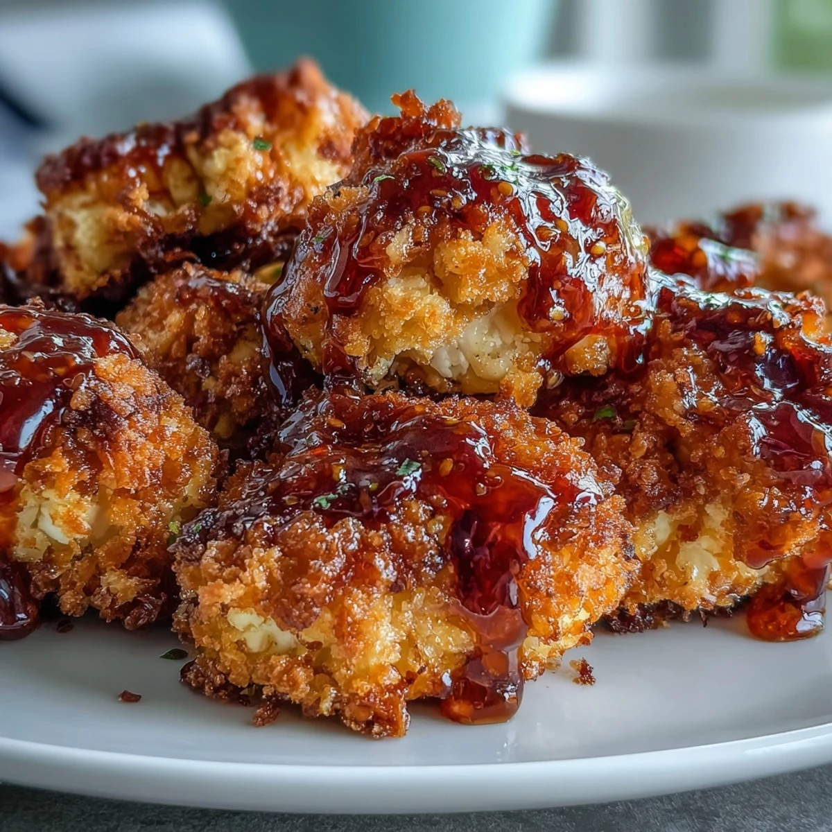Crunchy Baked Hot Honey Cauliflower bites arranged on a platter, drizzled with sweet and spicy honey sauce, perfect for a vegetarian appetizer.