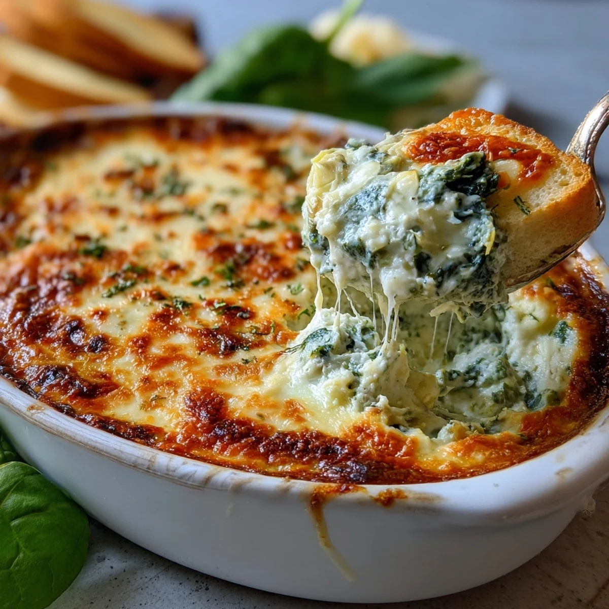 Creamy spinach artichoke dip baked golden and bubbling, served warm with crunchy tortilla chips for dipping.