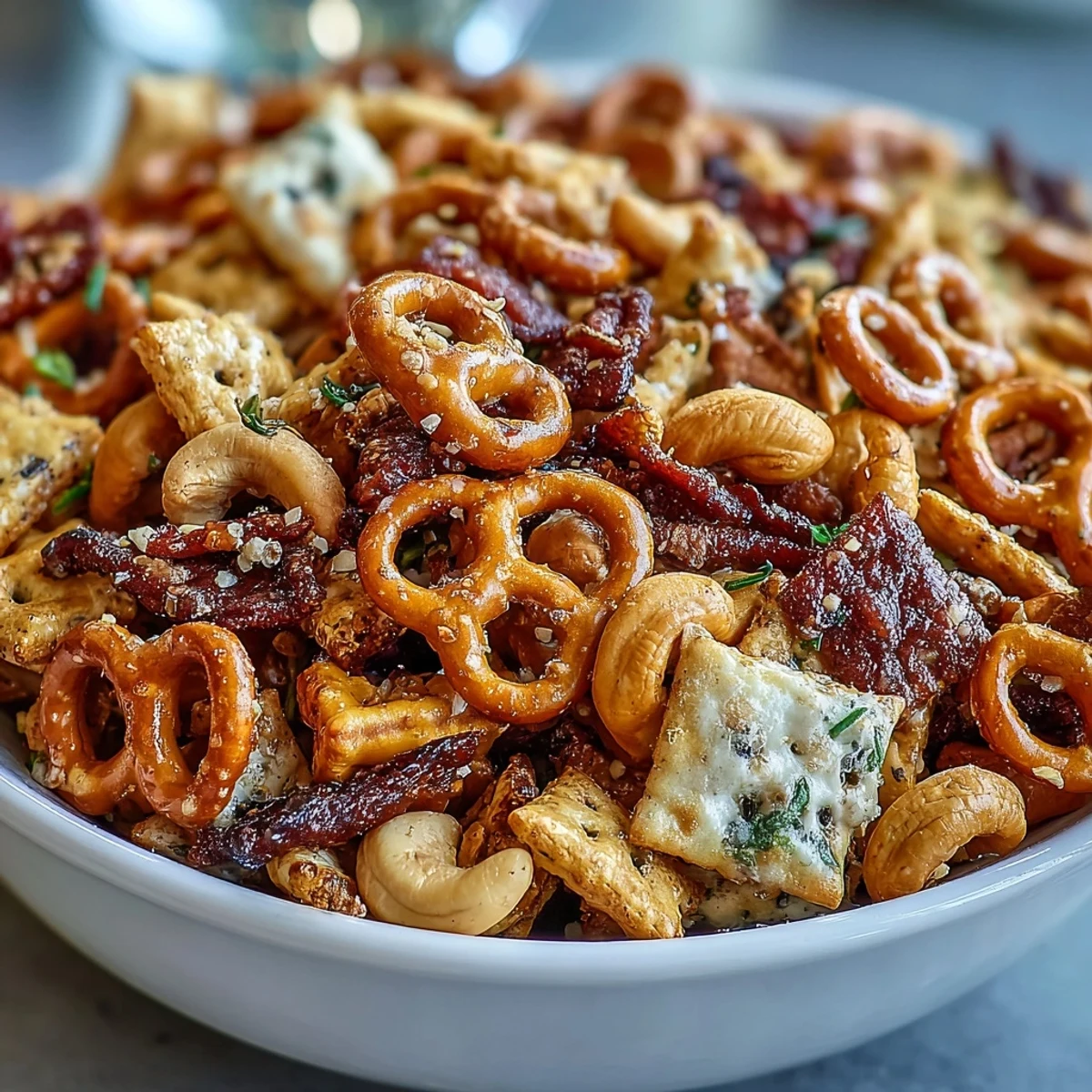 Golden-brown Everything Ranch Cheese and Pretzel Snack Mix cooling on a baking sheet, showcasing crunchy pretzels, cheesy crackers, and toasted cashews.
