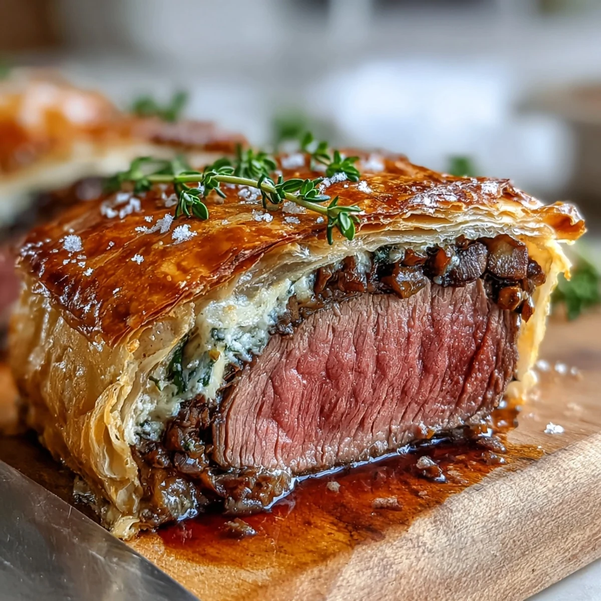 Perfectly seared beef tenderloin coated in mushroom duxelles, all wrapped in golden, flaky puff pastry and ready to slice.