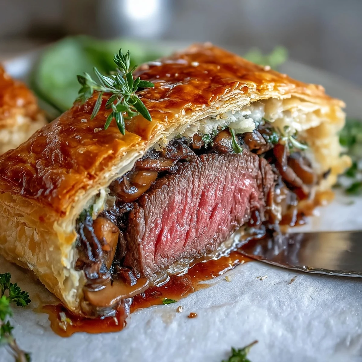 Freshly baked Beef Wellington with a rich mushroom and prosciutto filling, served warm with a drizzle of red wine sauce.
