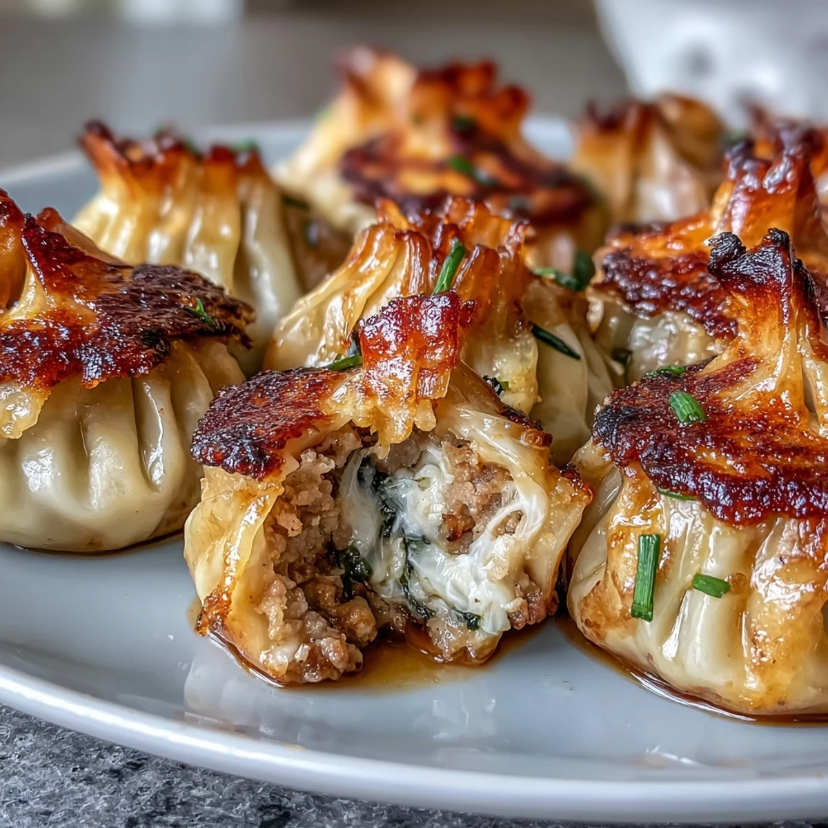 Freshly pan-fried Smash Dumplings with golden, crispy bottoms and a savory pork filling, served alongside a small dipping bowl. 
