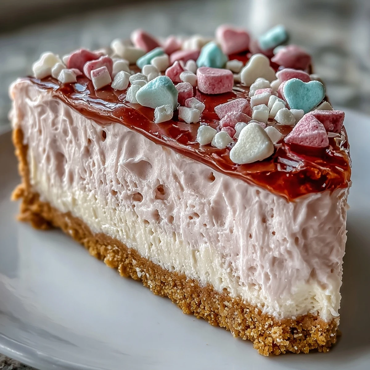 Bright pink whipped frosting and pastel candy hearts decorate the top of this homemade Candy Hearts Fake Cake.
