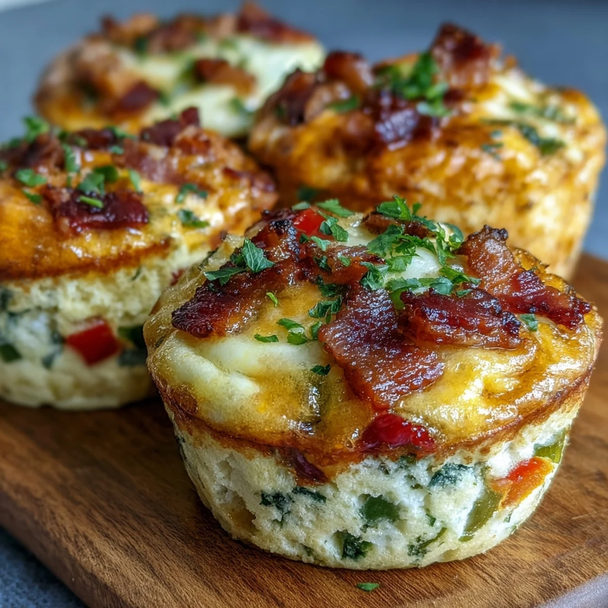 Golden-brown Breakfast Egg Muffins with melted cheddar, crisp bacon, and diced bell peppers, served warm on a plate.