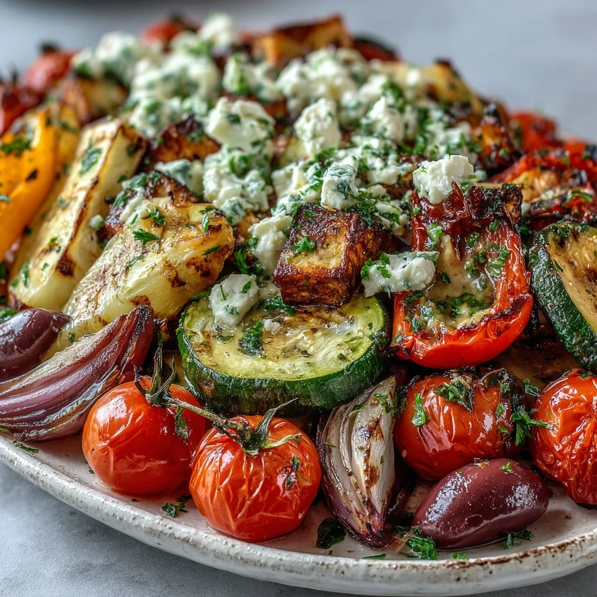 Roasted Mediterranean Greek Vegetables with caramelized edges, feta, and parsley on a white plate.