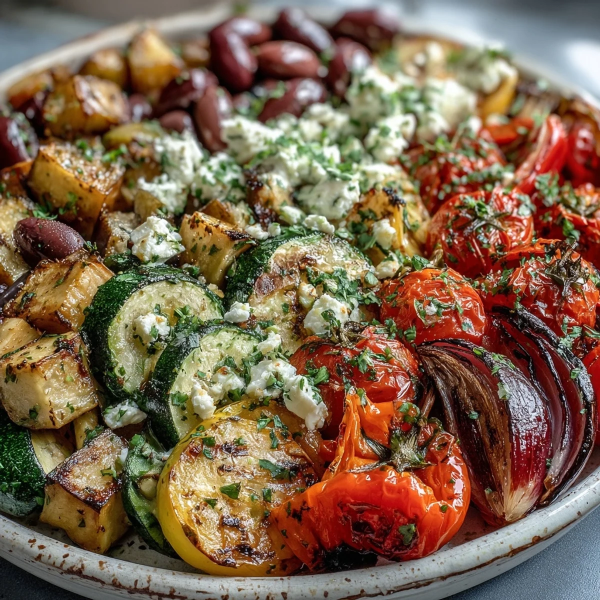 Golden roasted Mediterranean Greek Vegetables, garnished with feta and olives, paired with crusty bread.