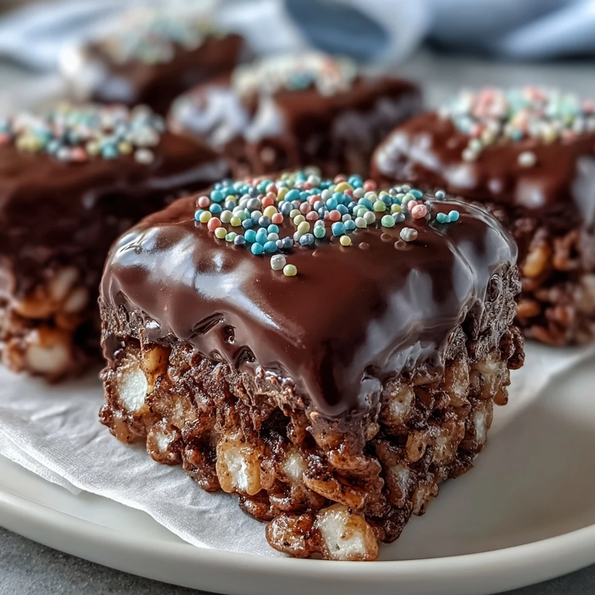 Close-up of Chocolate Covered Rice Krispy Treats with a smooth, glossy chocolate topping and colorful rainbow sprinkles.