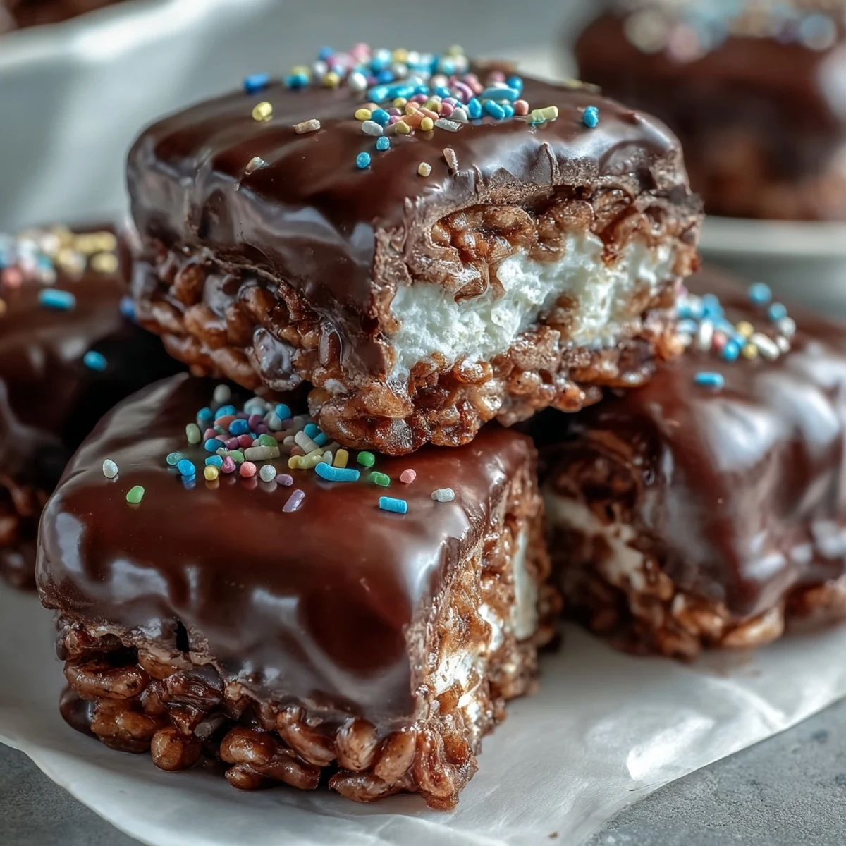 A hand lifts a bite-sized piece of Chocolate Covered Rice Krispy Treats revealing a crispy marshmallow texture underneath.