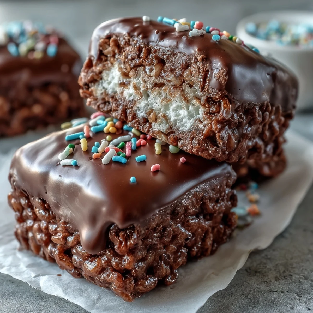 Chocolate Covered Rice Krispy Treats cut into neat squares, served on a white plate ready for parties.