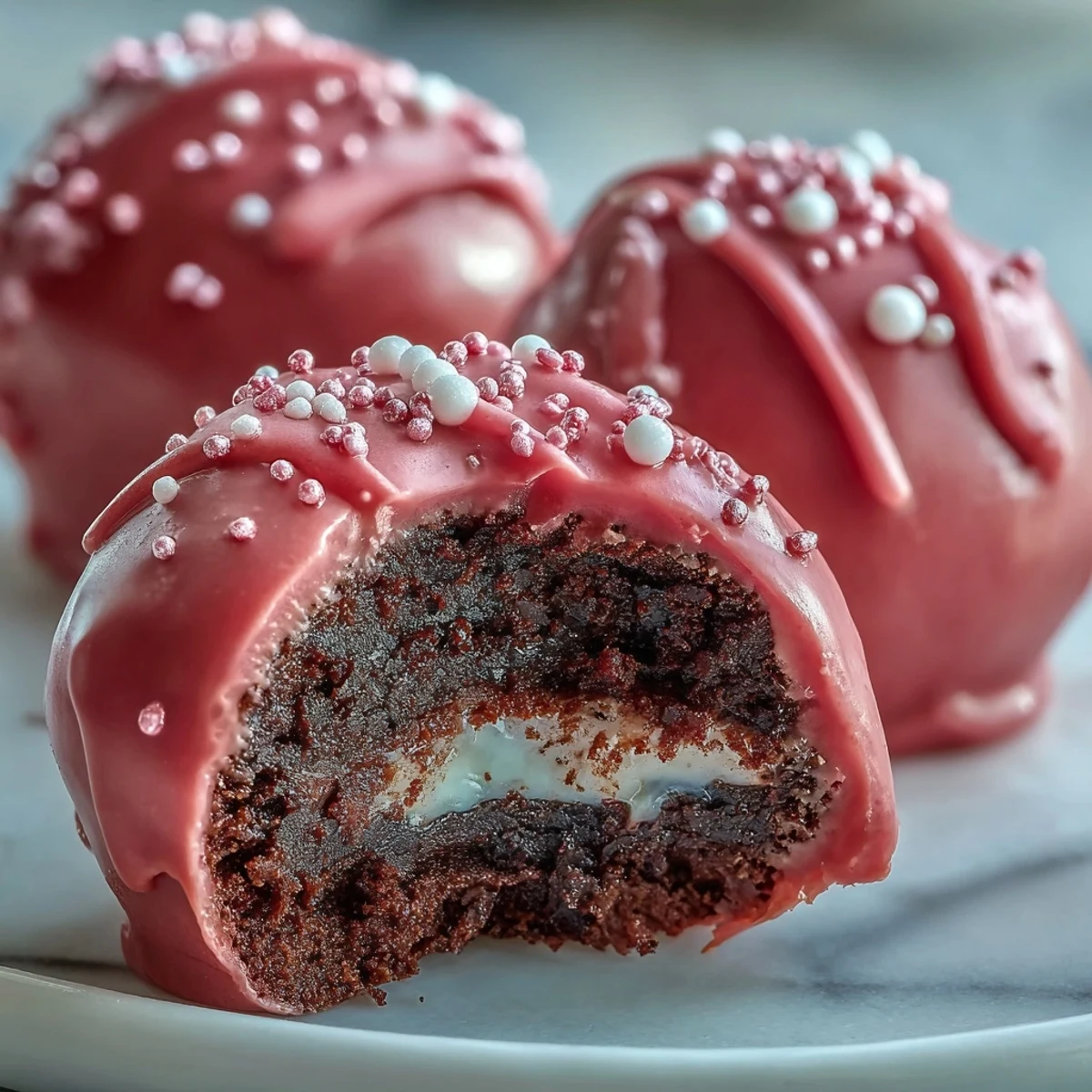 Pink candy-coated Oreo Truffle Balls resting on a white plate, showcasing their glossy, smooth finish and sweet sprinkle decorations.