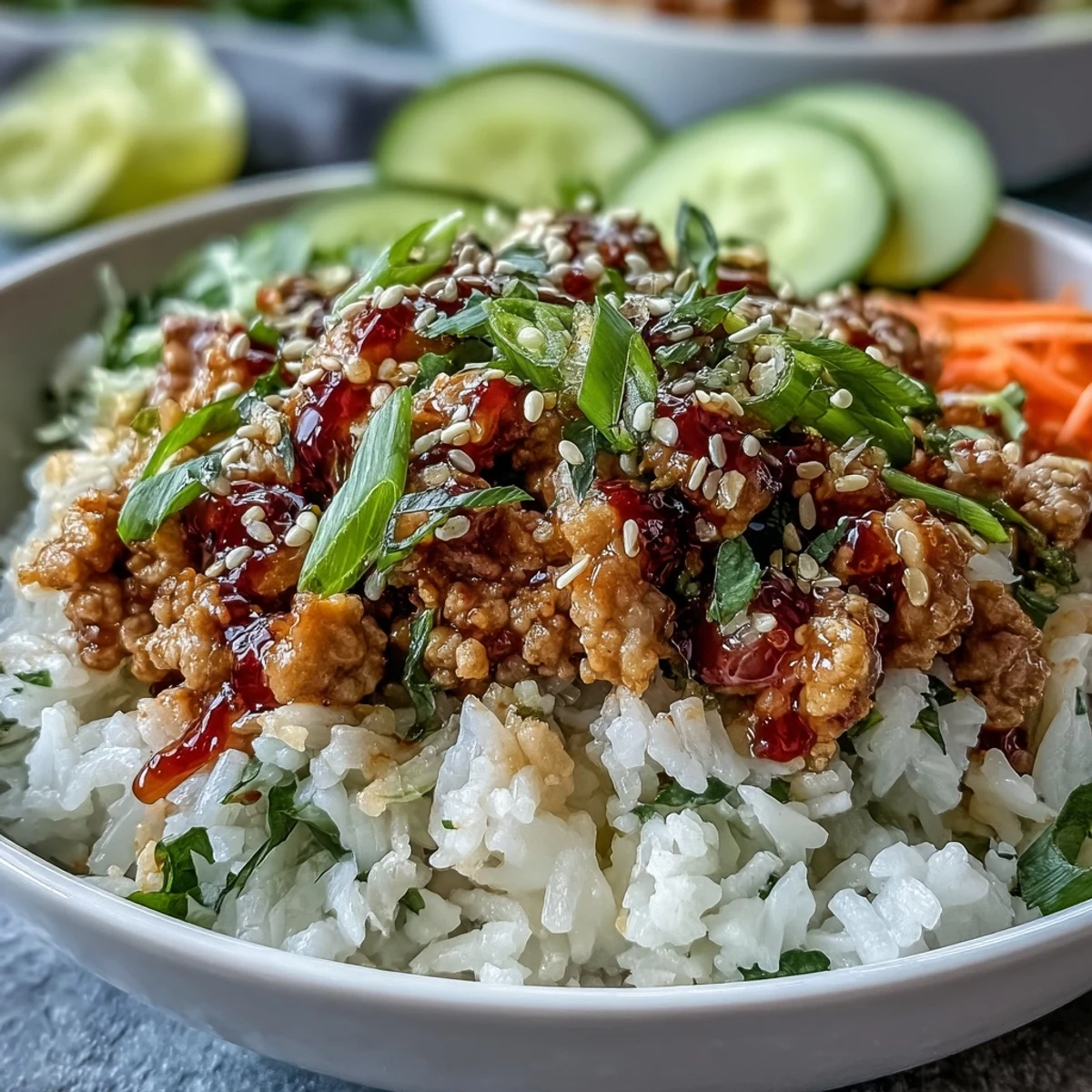 Bang Bang Ground Turkey Rice Bowls with fluffy rice and colorful crunchy veggies topped with sesame-scallion garnish.