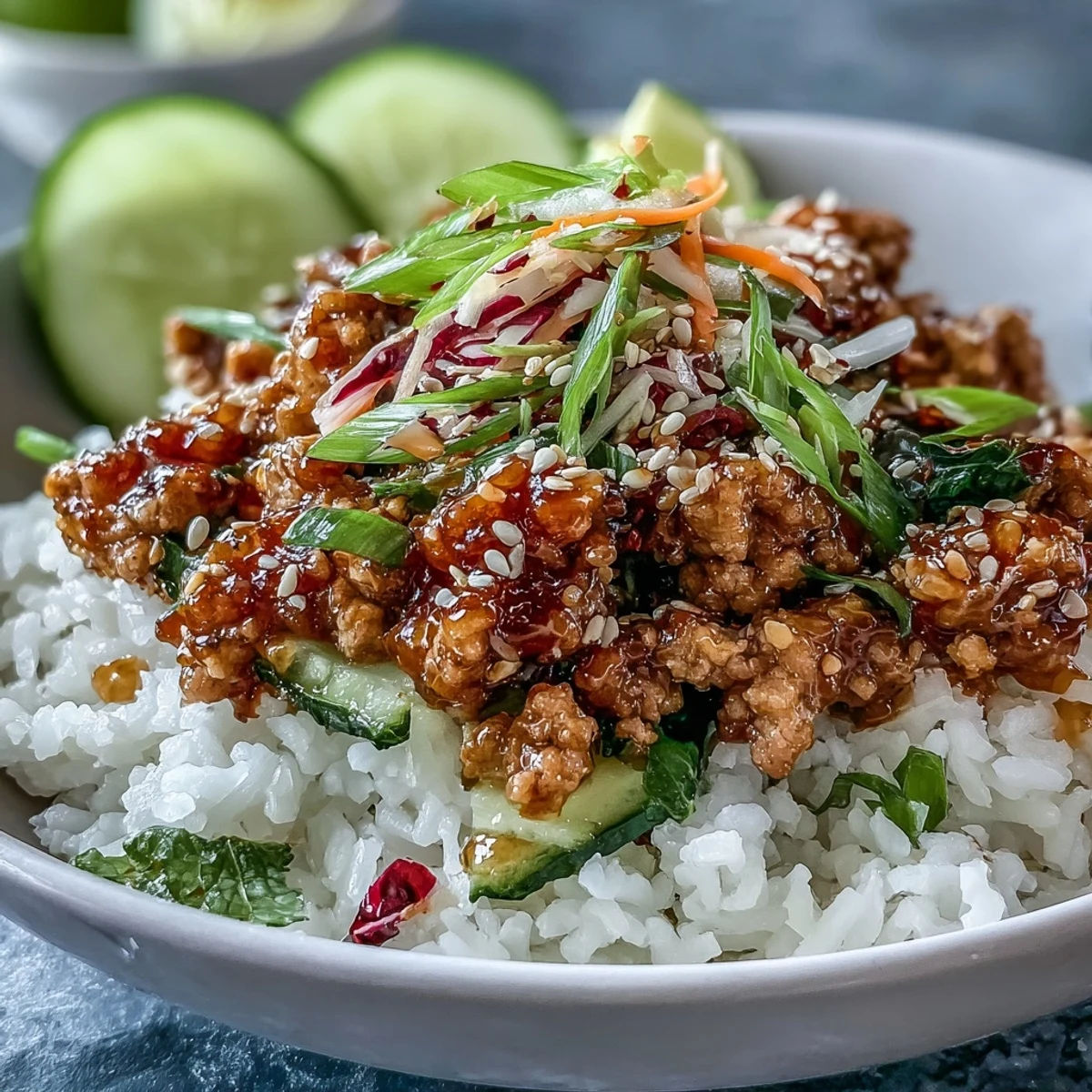 A close-up of saucy ground turkey draped over rice with carrots, cucumbers, and lime on the side.