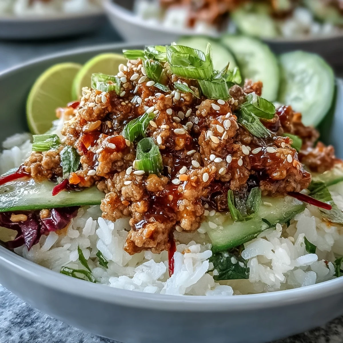 Sizzling ground turkey coated in tangy bang bang sauce served in rice bowls with cabbage and sesame seeds.