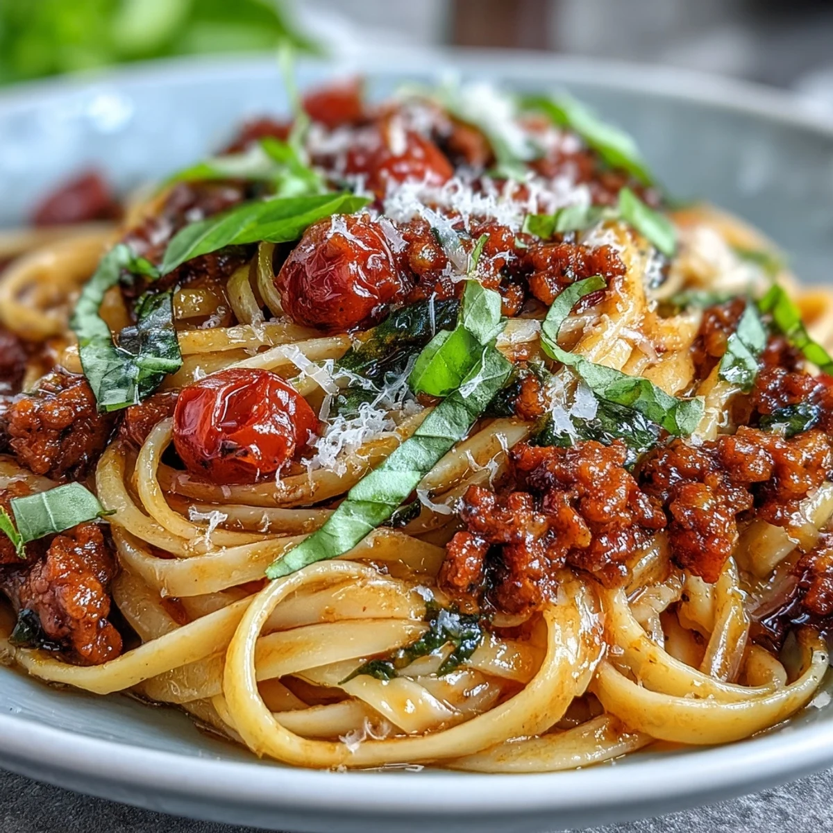 Fork-tender spaghetti is tossed in a bold Chianti tomato sauce with spicy sausage and sweet cherry tomatoes. This vibrant Italian Drunken Noodles dinner is finished with fresh basil and grated Parmesan cheese.