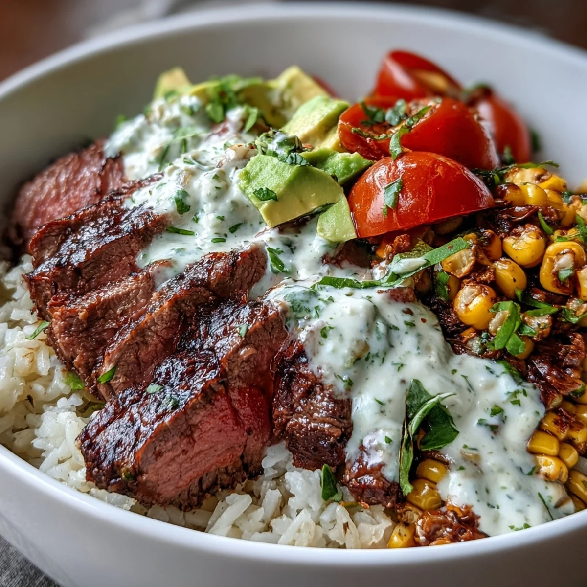 Charred corn and tender flank steak mingle with creamy avocado slices in this vibrant Tex-Mex bowl, drizzled with zesty cilantro cream sauce.
