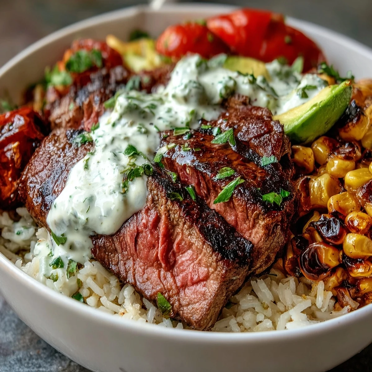 Sliced steak and bright avocado sit atop fluffy rice, smothered in silky cilantro cream sauce for a flavorful meal.