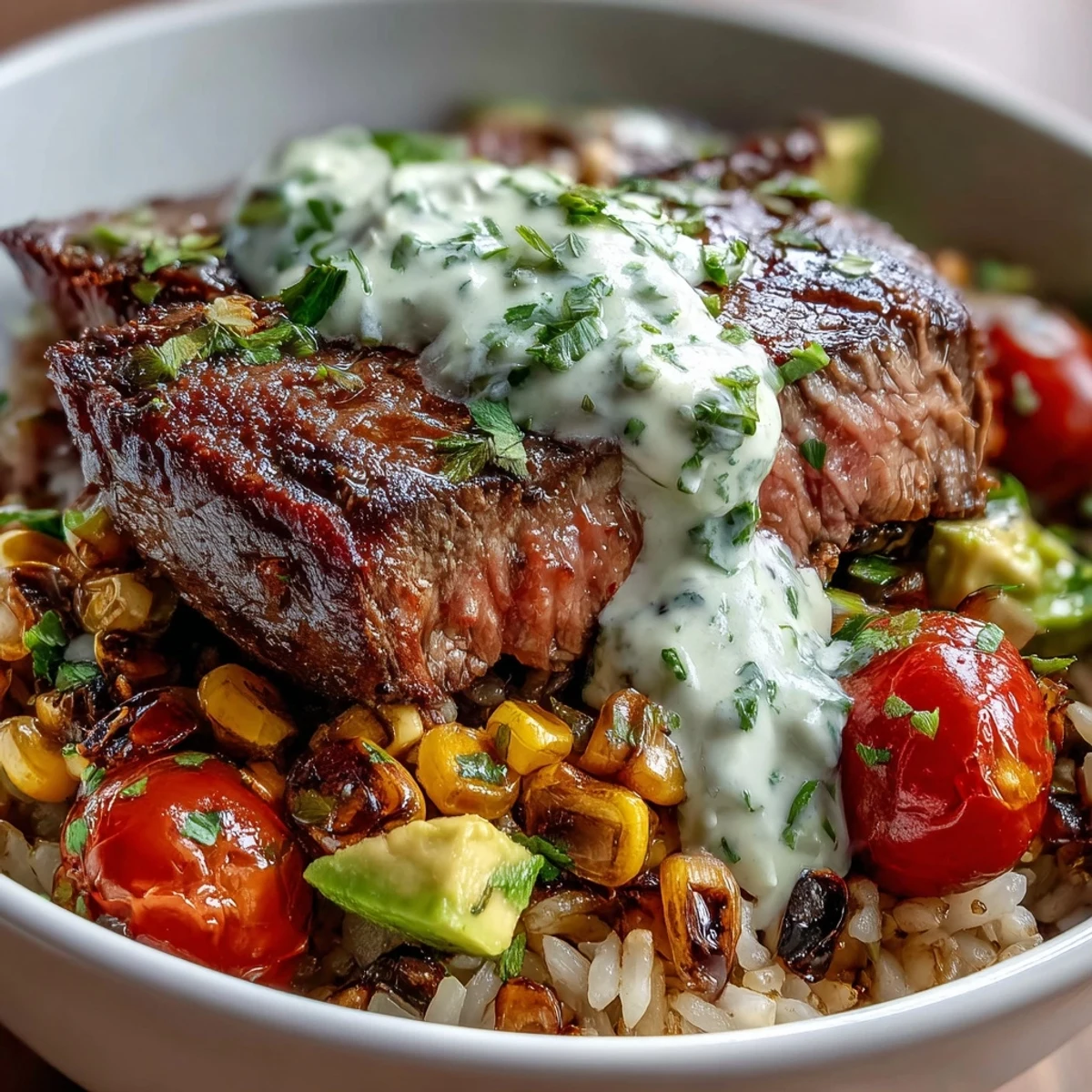 Fresh lime wedges and crumbled Cotija cheese garnish this hearty Steak, Avocado, and Roasted Corn Bowl for a complete dinner.