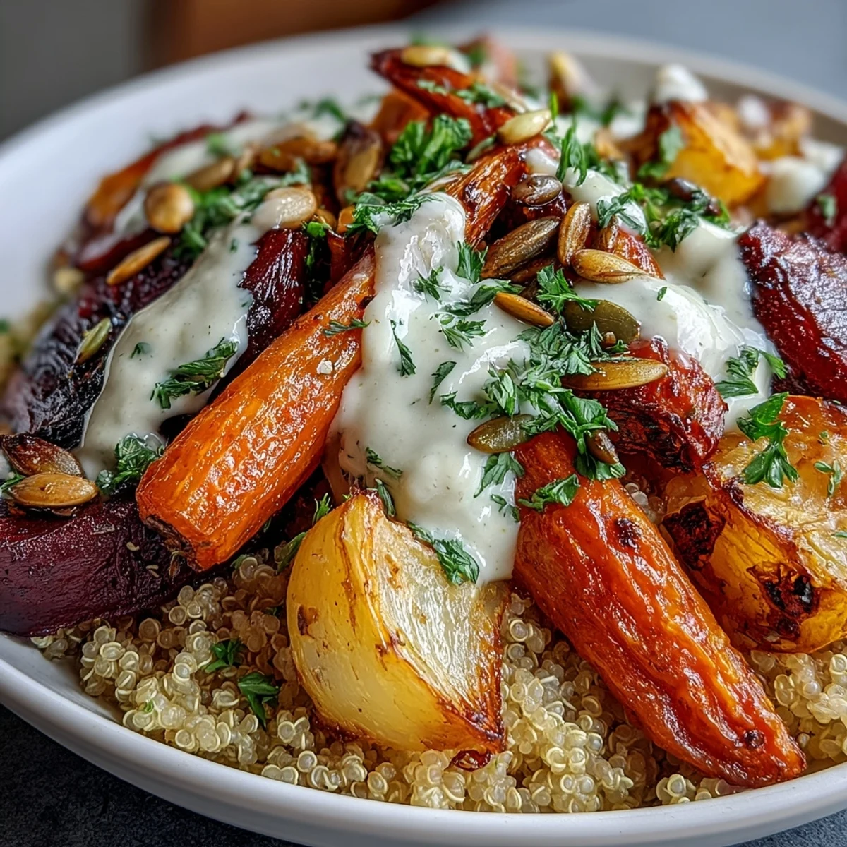 Healthy vegetarian Roasted Root Vegetable Bowl served warm, garnished with fresh parsley and toasted pumpkin seeds.