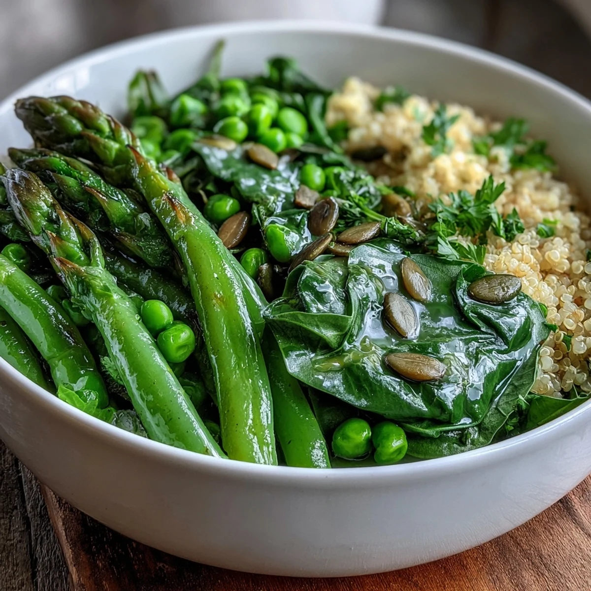 Vibrant Spring Green Bowl with peas, asparagus, and spinach on fluffy quinoa, drizzled with zesty lemon dressing.