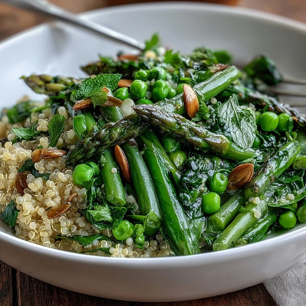Close-up of a colorful Spring Green Bowl topped with toasted pumpkin seeds and crumbled feta cheese.