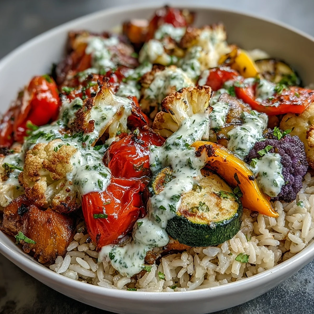 Fluffy brown rice topped with colorful roasted vegetables in a Rainbow Roasted Vegetable Bowl, finished with bright green herb sauce.